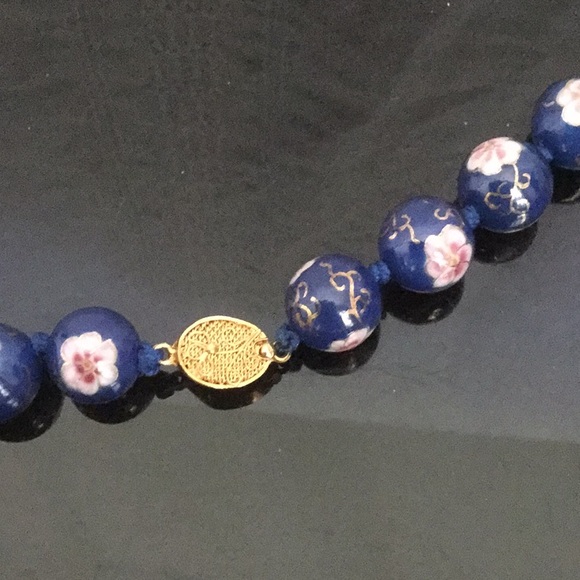 Vtg22”Round13mmBlueSolidHandPaint W/Flower&GldJap - Picture 4 of 7